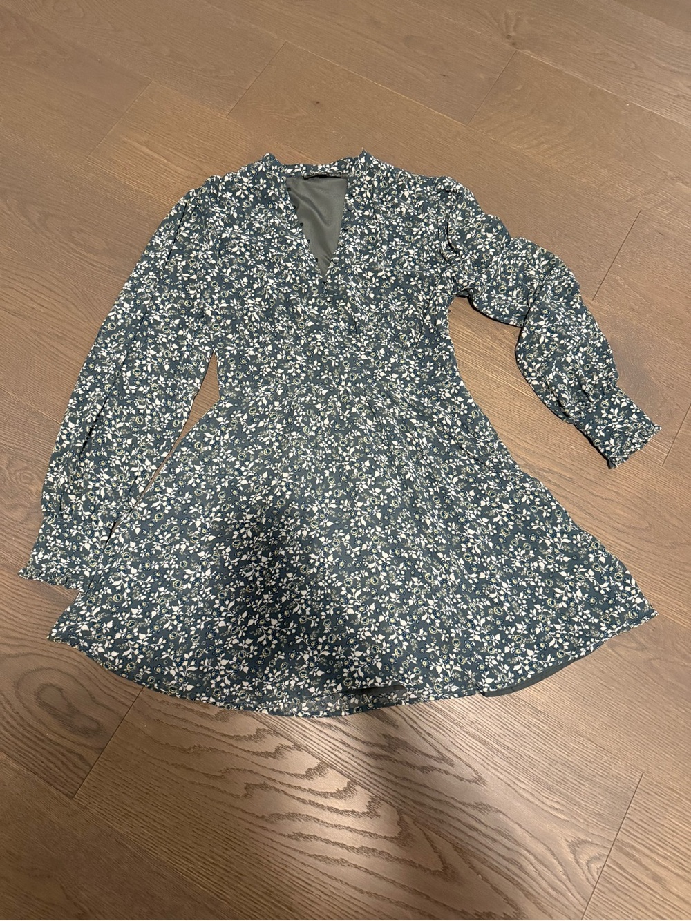 Dynamite Dark Teal Floral V-Neck/ Button Long Sleeve Dress